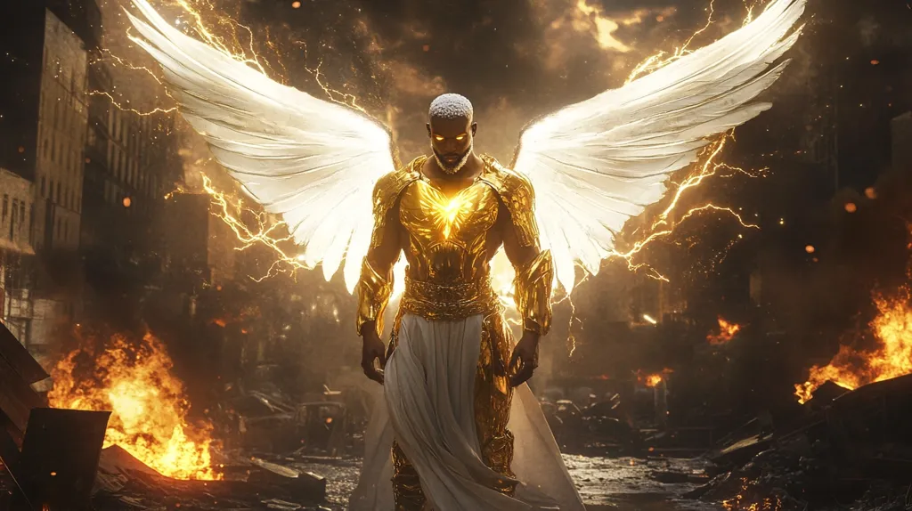 Here's a description of the image:

The image depicts a powerful, golden-armored figure with large, white wings emanating golden energy.  He stands amidst a fiery, apocalyptic cityscape, the flames licking at the ruined buildings around him. The figure, possibly an angel or divine being, has a stern expression and appears to be a protector or warrior.  The overall tone is dramatic and otherworldly, suggesting a scene of conflict or divine intervention.  The lighting focuses on the figure, highlighting his golden armor and emphasizing the contrast between his radiant presence and the destruction surrounding him.
