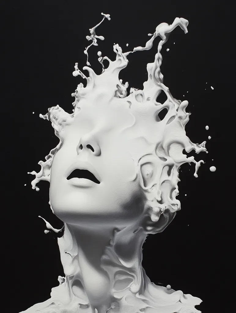 The image is a striking monochrome artwork depicting a sculpted female head and neck seemingly emerging from or enveloped by a fluid, splash-like form.  The white, sculpted material contrasts sharply against the black background, creating a dramatic effect. The texture is both smooth and dynamic, with the fluid element displaying a chaotic yet aesthetically pleasing energy. The overall impression is one of surrealism and transformation, suggesting themes of fluidity, metamorphosis, and the interplay between form and substance.