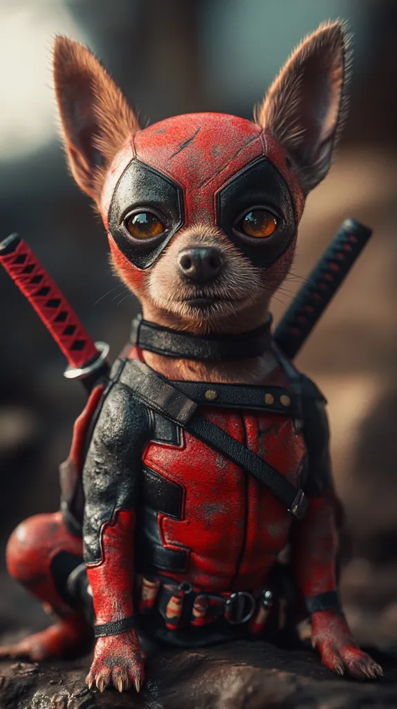 Here's a description of the image:

A charming Chihuahua, dressed in a meticulously detailed Deadpool costume, sits poised on a dark, rough surface.  The costume, showing signs of wear and battle, includes a red and black bodysuit, a utility belt, and a pair of katanas strapped to its back. The dog's expressive eyes peek out from the mask, conveying a blend of mischief and determination. The overall image is a high-quality digital rendering, striking a balance between realism and fantasy.  The background is blurred, focusing attention entirely on the costumed canine.
