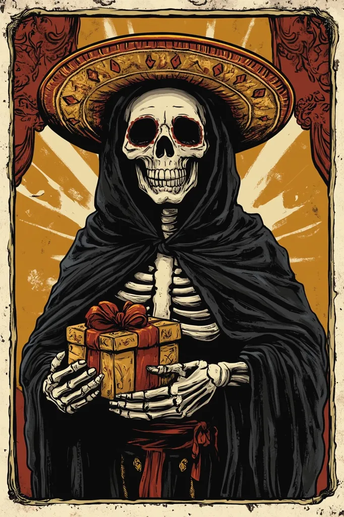 Here's a description of the image:

The illustration depicts a skeletal figure, reminiscent of a Día de Muertos representation, adorned in a wide-brimmed sombrero and a flowing black cloak.  The skeleton's face is meticulously detailed, featuring painted features.  The figure gently holds a gift box wrapped in gold paper with a red ribbon.  The background is a warm, sunburst-style pattern on a yellowish-orange backdrop, framed by a distressed, antique-looking border with ornate details.  The overall style is a blend of traditional Mexican imagery and a dark, slightly gothic aesthetic.