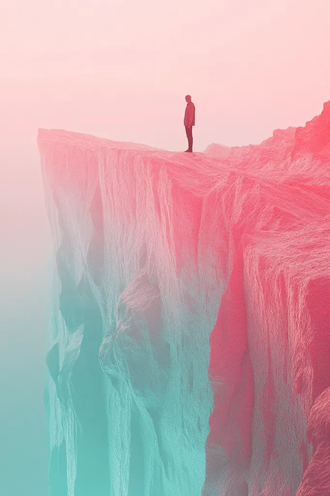 Here's a description of the image:

The image is a digitally created artwork depicting a solitary figure standing on the edge of a cliff. The figure is small, silhouetted against a pastel pink and teal sky. The cliff face is rendered in a textured, almost woven, style, with the colors transitioning from a pinkish-red on the upper portion to a cool teal-green towards the bottom.  The overall mood is serene yet slightly melancholic, with a sense of isolation and vastness emphasized by the empty expanse of sky and the sheer drop of the cliff. The color palette is soft and dreamlike, contributing to the ethereal quality of the scene.
