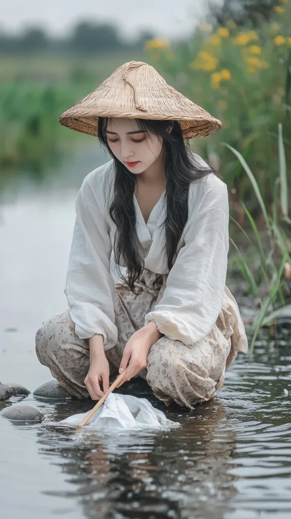 A young woman, wearing a wide-brimmed straw hat and a loose, light-colored blouse and pants, kneels by a calm stream.  Her long dark hair cascades down her shoulders. She delicately holds a simple fishing net made of fabric and thin wood, gently placing it into the water.  The overall scene is serene and evokes a sense of tranquility in a rural setting.  The background is softly blurred, focusing attention on the woman and her activity.