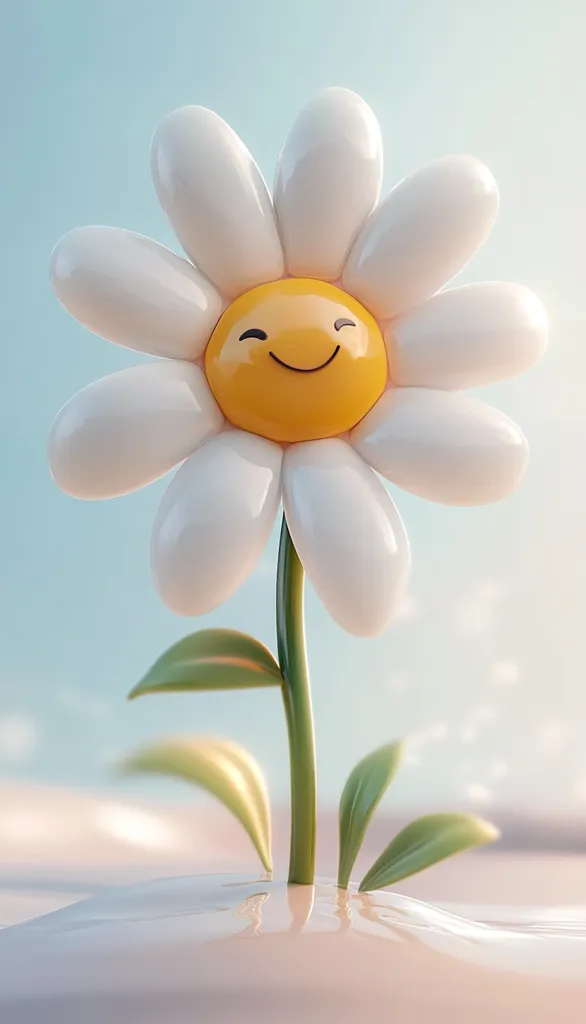 A cheerful, cartoonish daisy stands in a soft, pastel landscape.  Its large, white petals surround a bright yellow center featuring a smiling face. The stem is green and slender, with a few small leaves. The flower appears to be emerging from a smooth, creamy surface, against a pale blue sky. The overall image is light, happy, and evokes a sense of innocence and joy.
