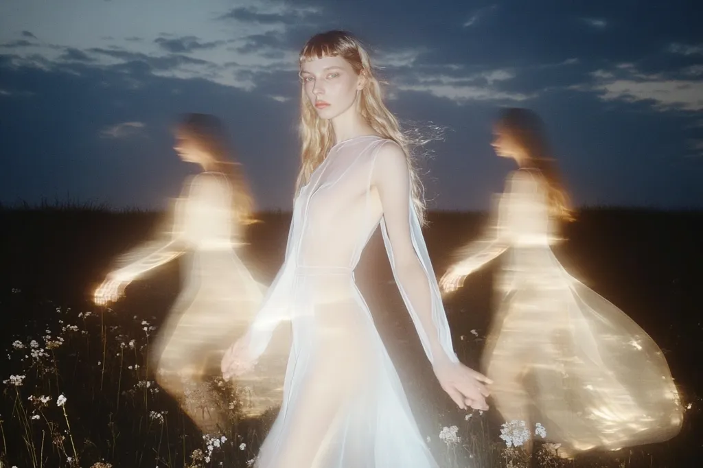 Here is a description of the image:

The photo is a dreamy, ethereal shot of a young woman in a flowing, sheer white dress. She stands in a field of wildflowers at dusk, with two blurred figures, seemingly ghostly versions of herself, moving past on either side. The background is a soft, twilight sky, enhancing the overall mystical atmosphere. The image has a soft focus, and the use of light and motion blur creates a sense of movement and otherworldliness. The central figure's serene expression contrasts with the fleeting, almost spectral figures around her. The overall effect is a captivating blend of fantasy and realism.
