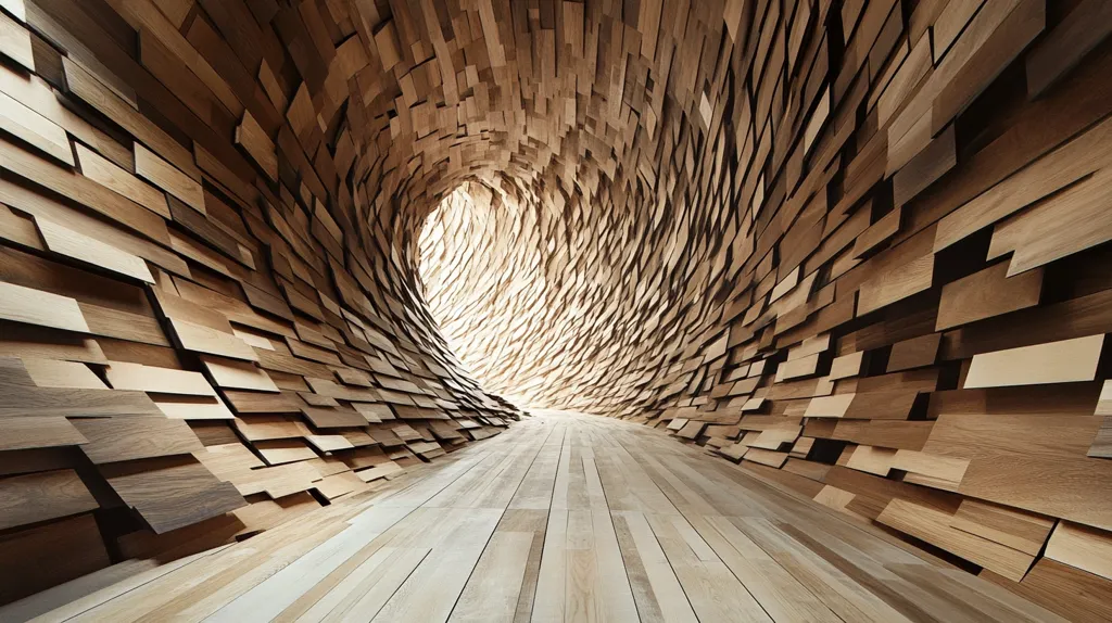 The image shows a tunnel-like structure formed from numerous rectangular wooden slats of varying shades of brown.  The slats are arranged in a swirling, three-dimensional pattern, creating a vortex effect leading to a bright opening at the far end. The floor is also made of wood planks, continuing the warm, natural aesthetic.  The overall impression is one of organic architecture and a sense of movement and depth.