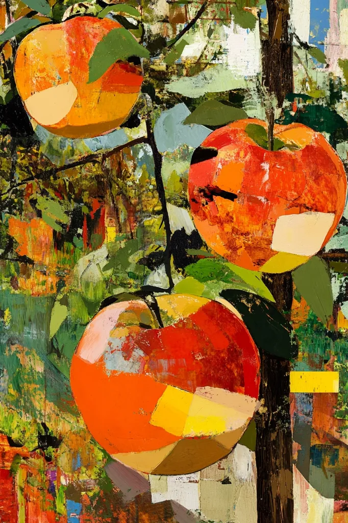Here is a description of the image:

The painting is an abstract depiction of apples on a tree. Three large apples dominate the foreground, rendered in vibrant oranges, reds, and yellows, with visible brushstrokes creating a textured effect.  The apples are partially obscured by leaves and branches, painted in various shades of green and brown. The background is a complex interplay of colors and shapes suggesting a landscape or orchard, with hints of trees and foliage, rendered in a similar expressive style.  The overall style is impasto, with thick layers of paint creating a three-dimensional quality. The colors are bold and warm, giving a sense of autumnal richness.
