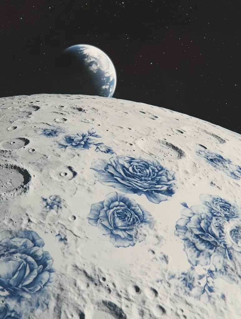 Here's a description of the image:

The image is a surreal juxtaposition of celestial and floral elements.  The foreground shows the cratered surface of the moon, adorned with delicately rendered blue roses, appearing as if painted onto its surface.  In the background, Earth rises majestically above the lunar horizon, a vibrant blue and green sphere against the inky black of space speckled with stars.  The contrast between the cold, barren landscape of the moon and the delicate beauty of the flowers creates a striking and dreamlike effect.