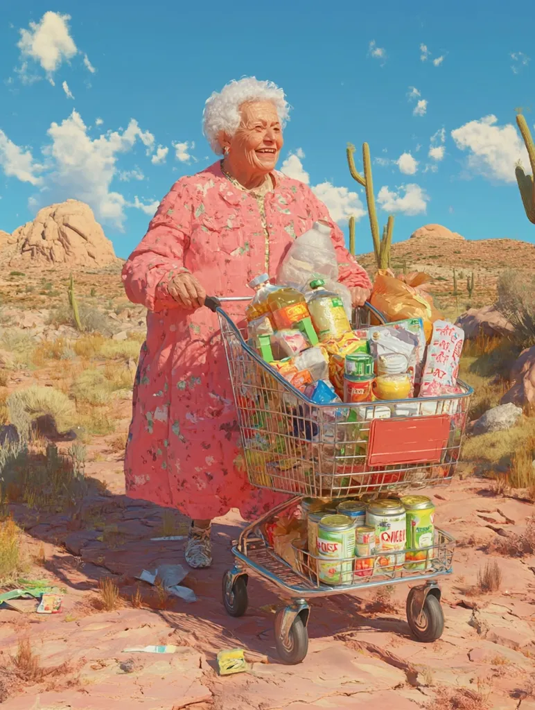 Here's a description of the image:

A cheerful, elderly woman with white hair, wearing a pink floral dress, pushes a shopping cart overflowing with groceries across a desert landscape.  The setting is sunny, with cacti and rocky hills under a bright blue sky. The cart is laden with various food items, and a few cans are visible on a lower shelf.  The overall style is surreal and slightly humorous, contrasting the mundane act of grocery shopping with the unusual backdrop.  The scene suggests a journey or an unexpected adventure.