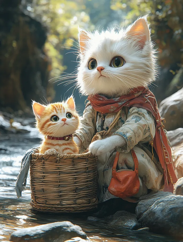 Here's a description of the image:

A charming digital painting depicts two anthropomorphic cats by a stream. A larger, white cat, dressed in a rustic, floral-patterned outfit and a reddish scarf, sits beside a wicker basket.  Inside the basket is a smaller, ginger kitten. The white cat carries a small, orange satchel. The scene is serene, with a softly lit background suggesting a forest setting.  The style is whimsical and heartwarming, with a focus on the endearing expressions of the cats.  The water is calm, reflecting light, and the overall mood is peaceful and idyllic.