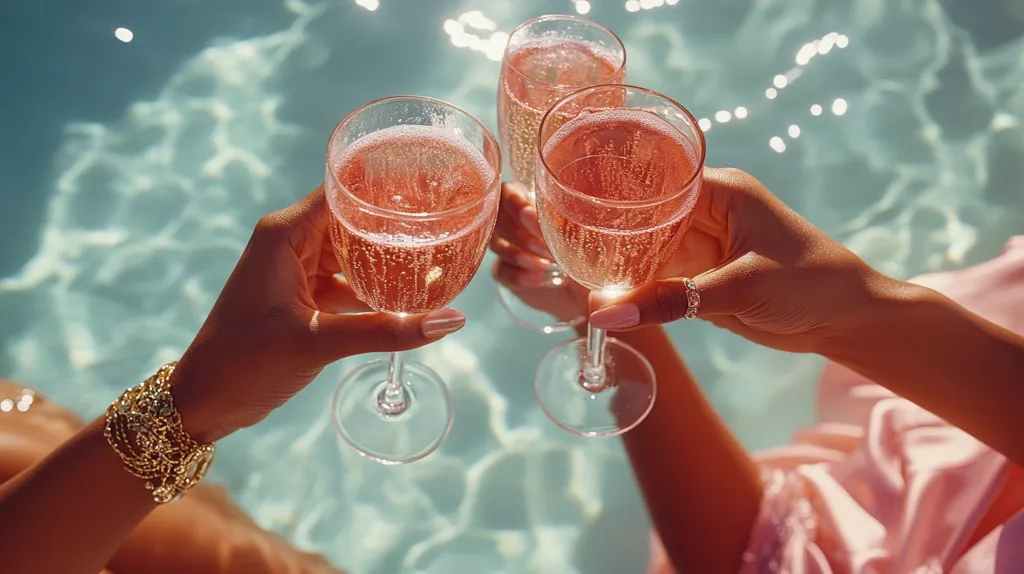Here's a description of the image:

Three glasses of rosé champagne are held aloft in a celebratory toast by two women partially submerged in a sparkling turquoise pool. Sunlight glints on the surface of the water and the champagne. The women's arms and hands are visible, adorned with gold jewelry. One woman wears a delicate gold bracelet and the other a simple ring. Their partially visible pink clothing suggests a luxurious and carefree summer setting. The overall mood is one of relaxed, elegant enjoyment.