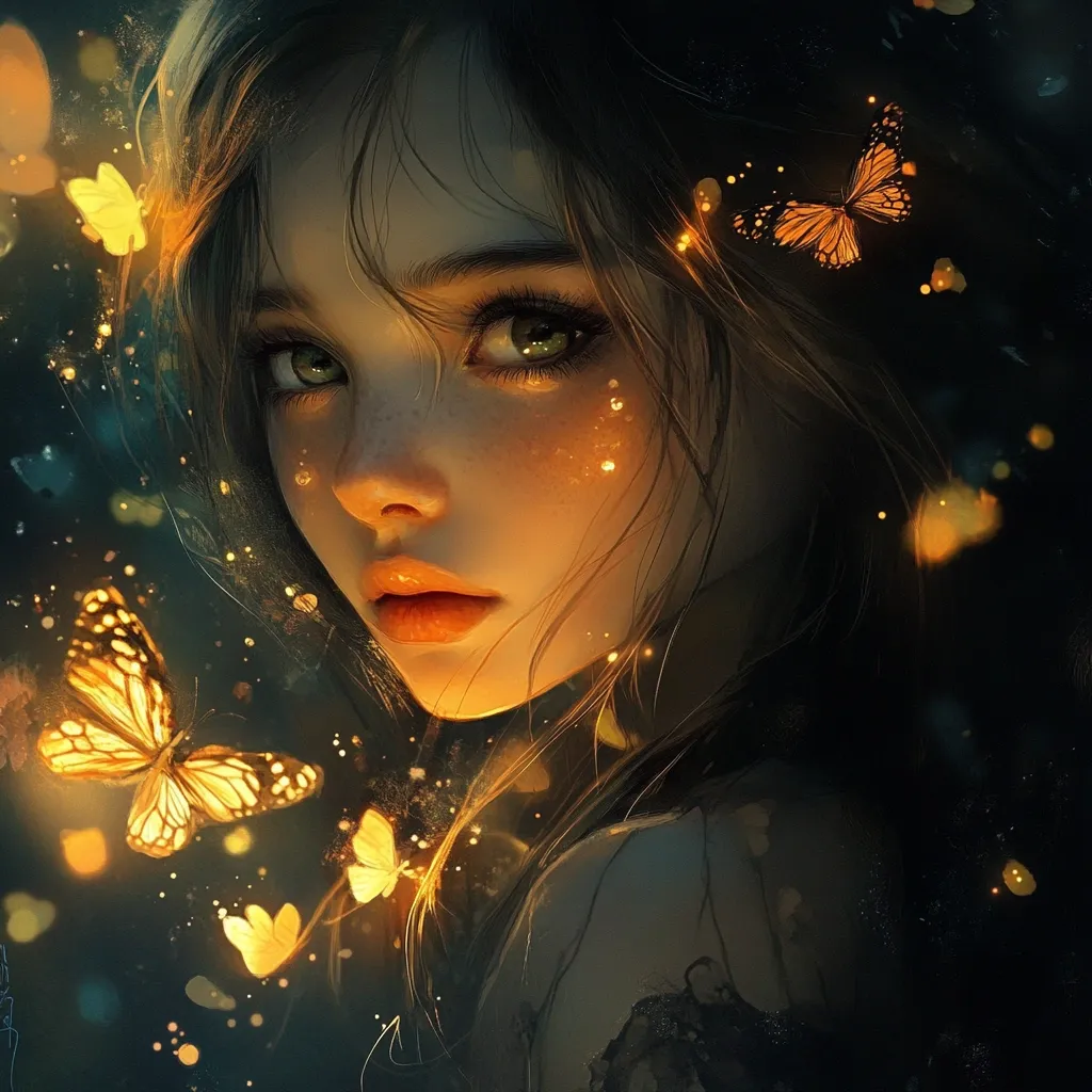 The image is a digital painting of a young woman with long brown hair. Her face is illuminated by a warm, golden light, and several glowing butterflies flutter around her.  She has freckles, expressive green eyes, and full lips. The overall mood is ethereal and magical, with a dark background contrasting the luminous elements surrounding the woman. The style is reminiscent of fantasy art and digital illustration.