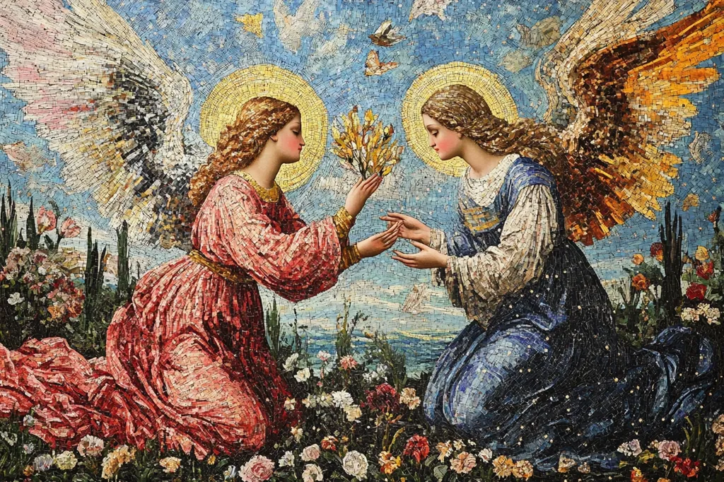 A stunning mosaic depicts two kneeling angels, wings outstretched, exchanging a bouquet of yellow flowers.  The angel on the left wears a coral-pink gown, while her counterpart is dressed in a deep blue.  Their expressions are serene and gentle.  The background is a vibrant blue sky dotted with birds, contrasting beautifully with the floral foreground and the intricate detail of the mosaic tiles.  The artwork displays a masterful blend of color and texture.