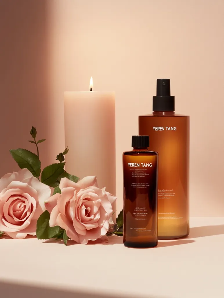 Here's a description of the image:

A softly lit, aesthetically pleasing still life features two amber-colored bottles of Yeren Tang beauty products, a burning beige candle, and two light pink roses with green stems.  The bottles, one taller and spray-top, the other smaller and capped, sit on a pale peach surface.  The candle provides a warm glow against the backdrop, enhancing the calming and luxurious atmosphere. The roses add a touch of natural beauty and complement the warm tones of the scene.  The overall impression is one of serenity and self-care.