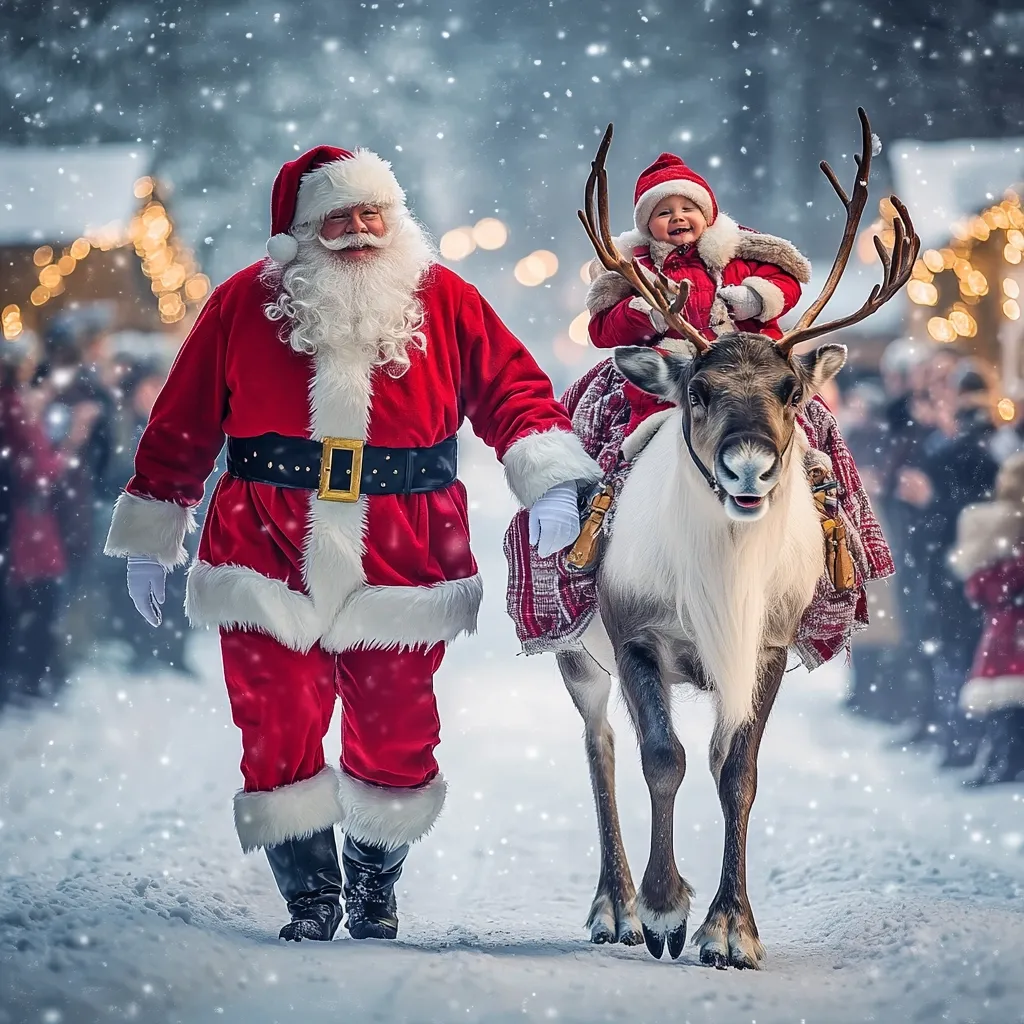 Here's a description of the image:

A joyful scene unfolds in a snowy Christmas village. Santa Claus, in his traditional red suit, walks alongside a reindeer carrying a delighted toddler.  The child, wearing a red hat, sits perched on the reindeer, bundled in warm clothing. Snow gently falls, creating a magical ambiance amidst twinkling lights in the background. The overall mood is one of festive cheer and holiday wonder.