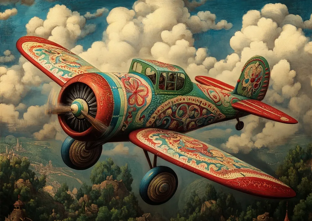 A vibrantly painted airplane, adorned with intricate paisley and floral designs in red, teal, and cream, soars through a fluffy, white-clouded sky.  The aircraft, possibly a vintage biplane, features a detailed propeller and visible pilot(s) in the cockpit. Below, a picturesque landscape of rolling green hills and a distant town unfolds. The overall style is surreal and dreamlike, reminiscent of fantasy art or a whimsical children's book illustration.