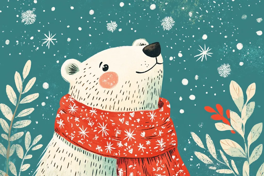 Here's a description of the image:

A charming illustration depicts a polar bear, adorned in a festive red scarf patterned with snowflakes and hearts. The bear gazes upward, seemingly at a snowfall depicted by white dots and snowflakes against a teal background.  Stylized, off-white foliage frames the bear on either side, adding to the wintery scene. The art style is whimsical and textured, giving a slightly rough, hand-drawn feel. The overall mood is cozy and festive, evoking a sense of winter joy.