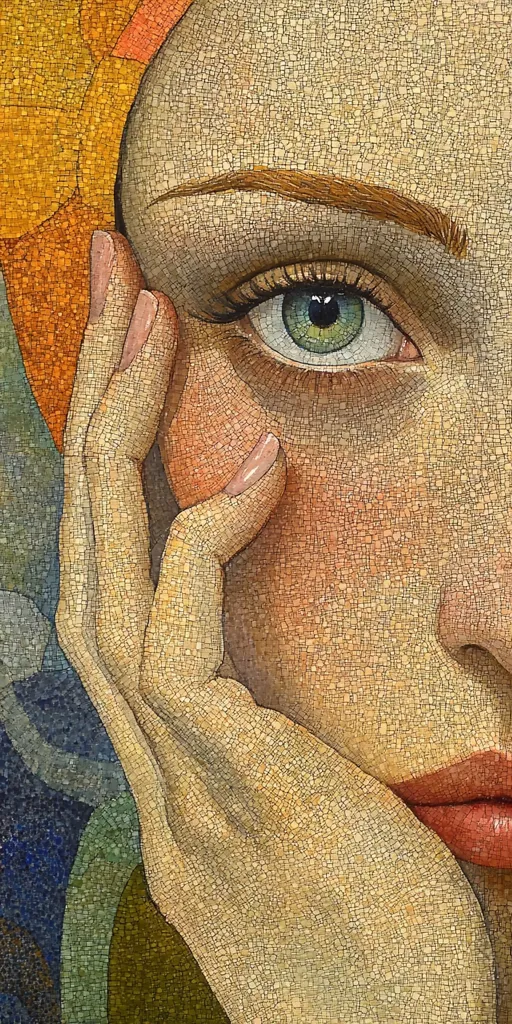The image is a close-up of a mosaic-style portrait, focusing on a woman's eye and hand.  Her hand rests gently against her cheek, partially obscuring her face. The mosaic technique gives the skin a textured, almost cracked appearance, adding depth and visual interest. The colors are earthy and muted, predominantly beige, orange, and brown, with hints of green in her eye and darker shades in the background.  The style evokes a sense of contemplation or quiet sadness.