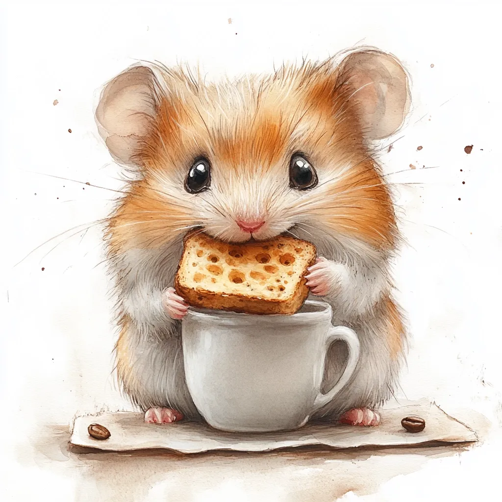 Here's a description of the image:

A watercolor painting depicts an adorable, cartoonish hamster enjoying a small piece of toast dunked in a tiny white mug.  The hamster, with large, expressive eyes and fluffy fur of orange and cream, holds the mug with its paws.  A few coffee beans are scattered on a light brown surface beneath the mug. The style is whimsical and charming, ideal for children's books or illustrations.  The background is a simple white, allowing the hamster to be the central focus.
