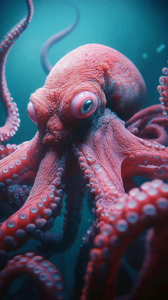 A close-up shot reveals a vibrant red octopus, its skin textured and detailed.  Large, expressive eyes are prominent, contrasting against the rich, reddish-pink hue of its body.  The octopus's numerous arms, adorned with suction cups, twist and curl around it, creating a dynamic composition.  The background is a blurred, teal-colored underwater scene, subtly highlighting the octopus's form and texture. The overall image is striking, showcasing the creature's beauty and intricate detail.