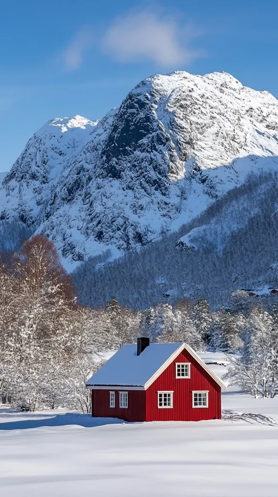 A vibrant red cabin sits nestled in a snow-covered landscape, dwarfed by towering, snow-capped mountains under a clear blue sky.  The scene is serene and idyllic, showcasing a stark contrast between the warm color of the house and the cool tones of the winter environment.  Snow-laden trees surround the cabin, adding to the peaceful, winter wonderland atmosphere.  The mountains rise majestically in the background, their peaks catching the sunlight.