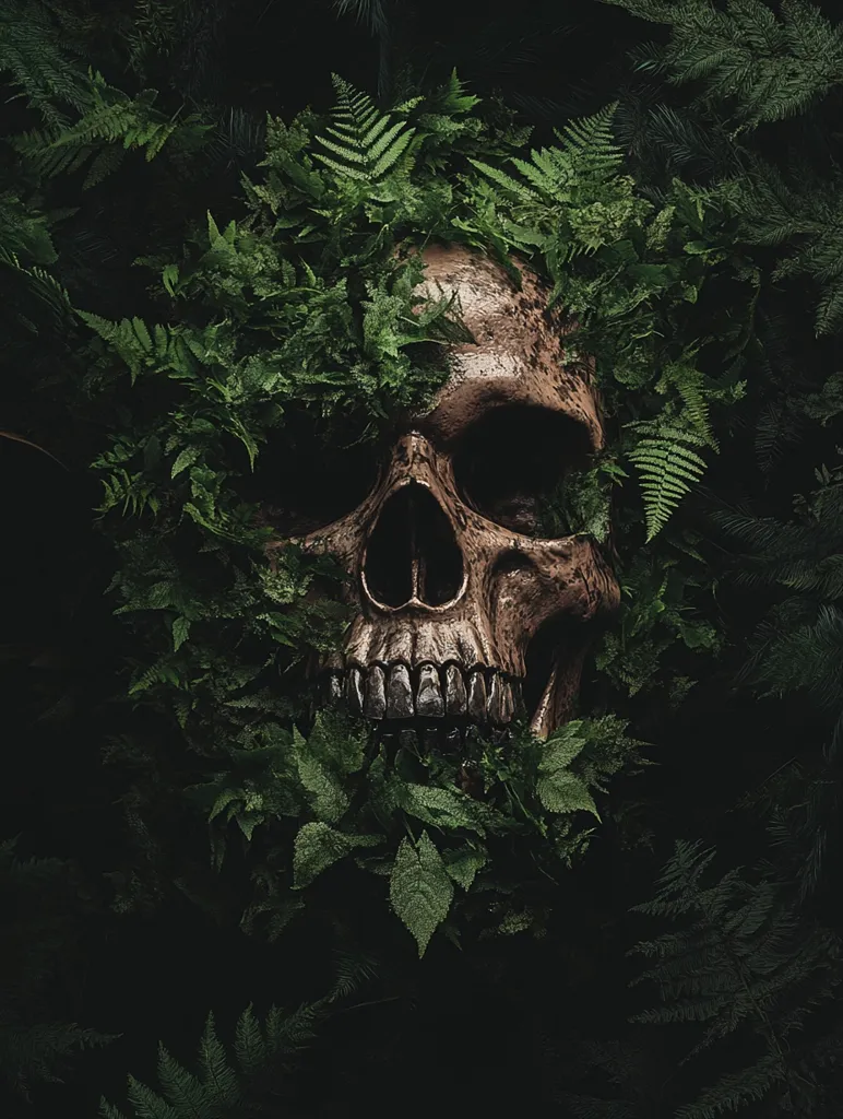 Here's a description of the image:

The image is a dark, moody close-up of a human skull almost entirely concealed within a dense thicket of lush, green foliage.  The skull's bone structure is visible, but the vibrant ferns and leaves obscure much of it, creating a sense of mystery and decay.  The contrast between the skull's pale color and the deep green of the plants is striking. The overall atmosphere evokes feelings of the wild, the passage of time, and perhaps even death reclaimed by nature. The background is entirely dark, further emphasizing the skull and vegetation in the foreground.