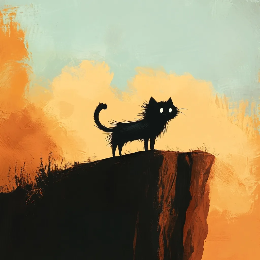 Here's a description of the image:

The artwork depicts a stylized black cat standing on a cliff edge against a vibrant sunset. The cat is rendered in a simple, almost silhouette-like manner, with bright white eyes that contrast sharply with its dark form.  The background showcases a warm, textured sunset sky in shades of orange and yellow, blending into a pale blue-green at the top. The cliff itself is dark and rugged, painted with thick, expressive brushstrokes, complementing the cat's simplistic style. The overall mood is serene yet slightly melancholic, evoking a feeling of solitude and contemplation.