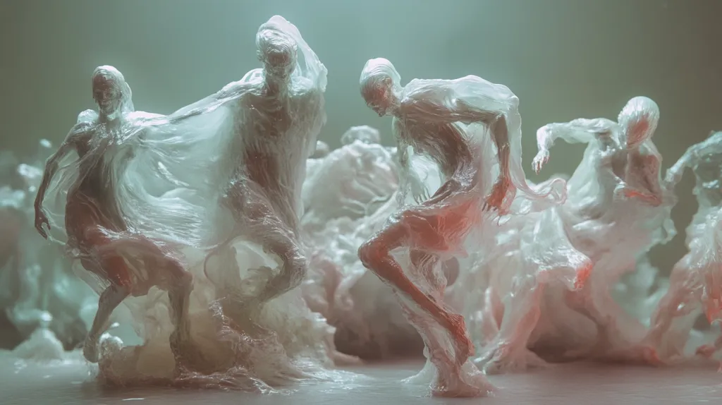 Here's a description of the image:

The image depicts a scene of numerous ethereal figures, seemingly sculpted from a translucent, almost plastic-like material.  They are entwined and overlapping, creating a sense of movement and fluidity. The figures are humanoid but lack distinct features, their forms suggesting a state of flux or transformation. The overall color palette is muted, with pastel shades of peach and green illuminating the figures, creating a surreal and dreamlike atmosphere.  The texture of the material suggests a delicate fragility, yet the poses hint at a powerful, underlying energy.