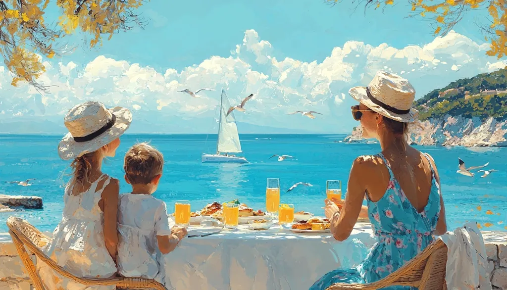 A woman and two children enjoy a seaside brunch.  The vibrant painting depicts a sunny day, with a sailboat on a clear blue ocean.  Seagulls fly overhead. The woman, wearing a sun hat and summer dress, sits at a table with the children, who also wear hats.  They are seated at a table laden with food and drinks, enjoying the idyllic coastal view.  The scene is tranquil and evocative of a carefree summer holiday.