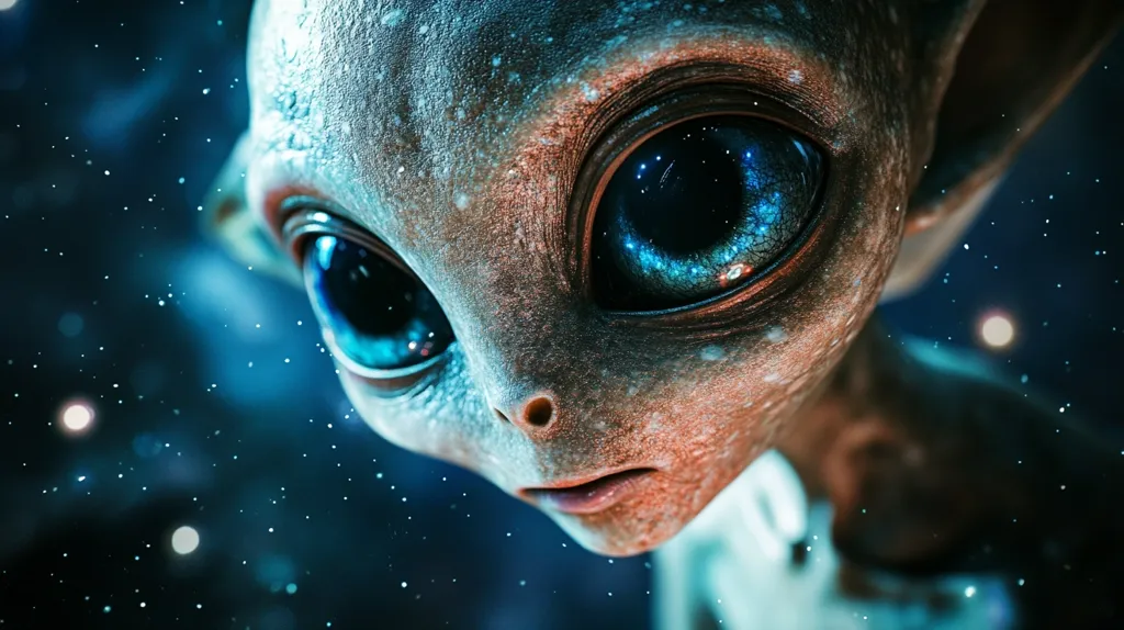 Close-up of a stylized alien creature. Its gray skin shows texture and subtle color variations.  Large, expressive eyes, reflecting a nebula-like blue, dominate the image.  The alien's face is somewhat elfin, with pointed ears partially visible.  A dark, space-like background with scattered dust and light points adds to the otherworldly atmosphere. The overall mood is both intriguing and slightly melancholic.