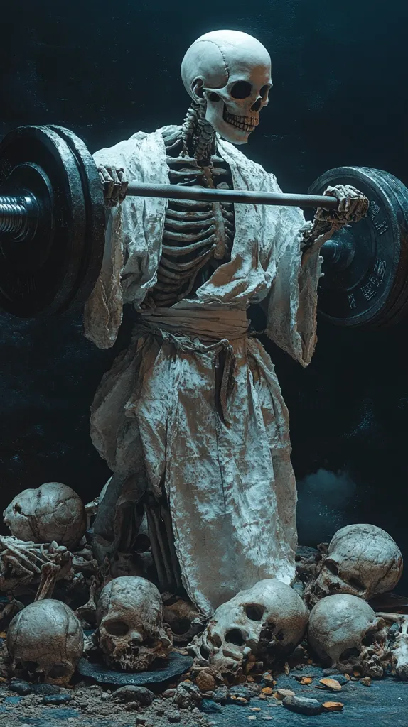 A skeletal figure, draped in a tattered white robe, performs a barbell lift.  The scene is dark and moody, with a somber atmosphere.  The skeleton is surrounded by a pile of human skulls and bones, creating a macabre and dramatic contrast. The image evokes themes of death, strength, and the weight of mortality. The lighting and composition emphasize the skeletal figure's powerful pose against the backdrop of scattered remains.