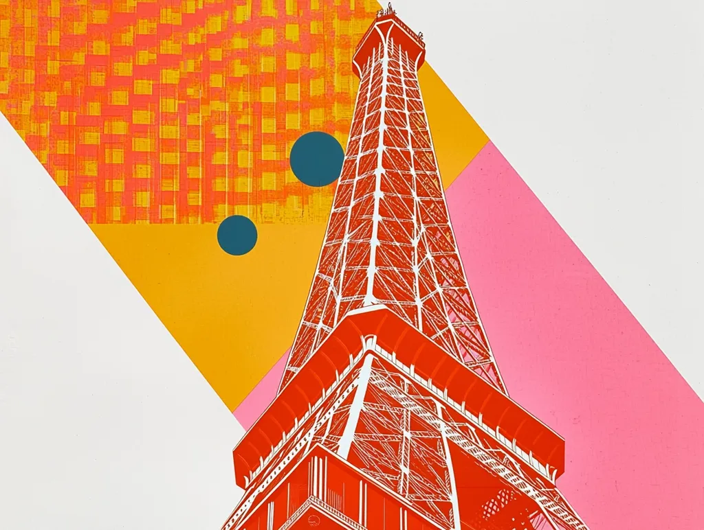 Here's a description of the image:

The image is a stylized depiction of the Eiffel Tower, rendered in bold, contrasting colors. The tower is primarily a vibrant red-orange, with white linework detailing its intricate structure.  It's set against a geometric background of pink, yellow-orange, and white shapes. A textured, orange-and-yellow grid pattern is partially visible in the upper left corner. Two dark teal circles are scattered across the yellow-orange section. The overall aesthetic is graphic and modern, possibly inspired by pop art or screen printing.