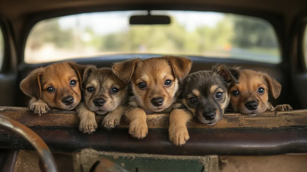 Four adorable puppies peek over the back of a vintage car seat.  Their coats range in shades of brown and tan, with one displaying a darker, gray-brown fur.  The puppies' faces are pressed together, their large, expressive eyes looking directly at the viewer. The car's interior is worn but adds to the charming, nostalgic feel of the image, suggesting a journey or adventure.  The blurred background shows a verdant landscape, hinting at a countryside setting.