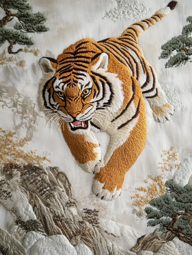 Here is a description of the image:

The image shows a detailed embroidery of a tiger leaping through a snowy, mountainous landscape. The tiger is rendered in shades of orange and brown, its fur meticulously textured with stitches. Its expression is fierce, its mouth slightly open. The background features stylized, embroidered pine trees and rocky peaks, suggesting a wintry Asian scene. The overall effect is a highly realistic and expressive piece of needlework, showcasing exceptional skill and artistry. The light beige fabric provides a neutral backdrop that enhances the vibrancy of the embroidered tiger and landscape.
