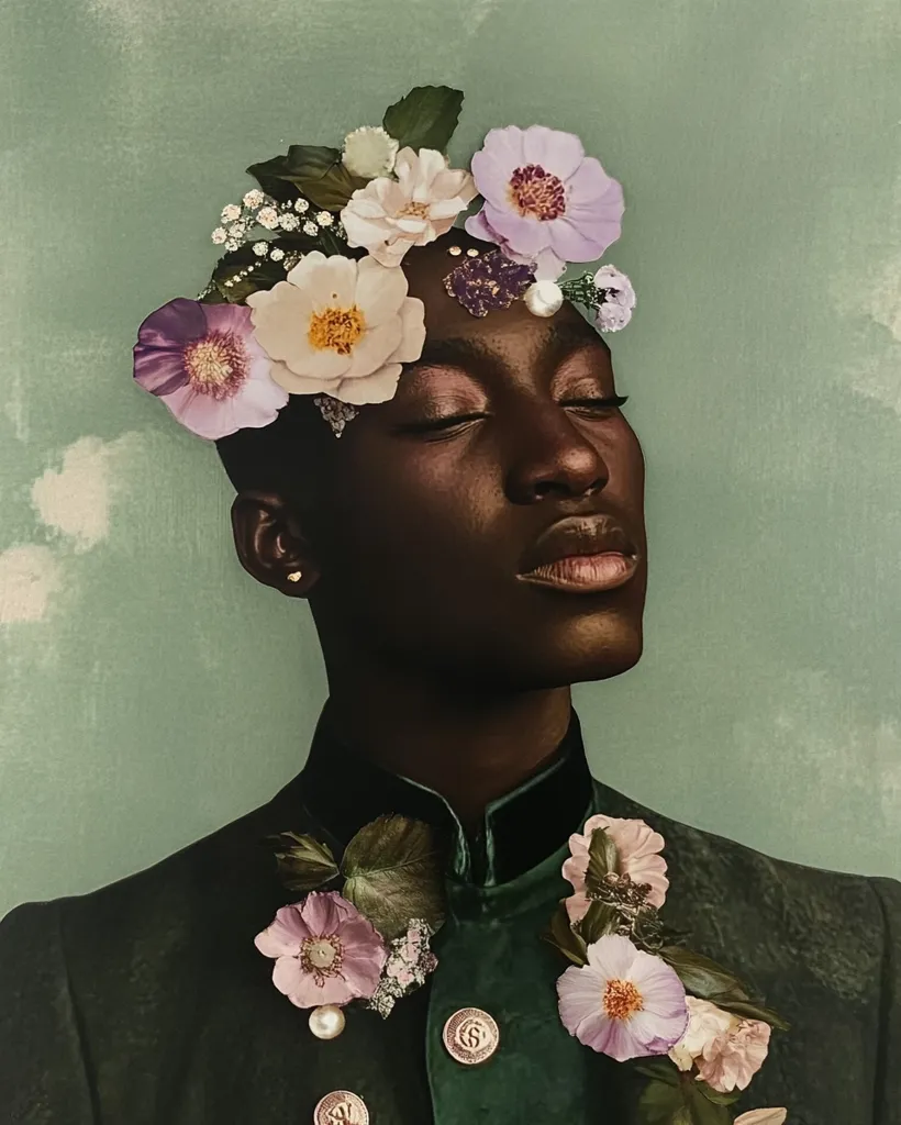 A stylized portrait of a dark-skinned person with their eyes closed, adorned with a crown of delicate flowers.  The flowers, a mix of pale pinks and purples, are artfully arranged across their head and the shoulders of their dark green, high-collared jacket. The background is a muted sage green, suggesting a calm and serene atmosphere. The overall effect is one of ethereal beauty and quiet contemplation. The image is likely a digitally manipulated collage, combining photographic elements with floral details.