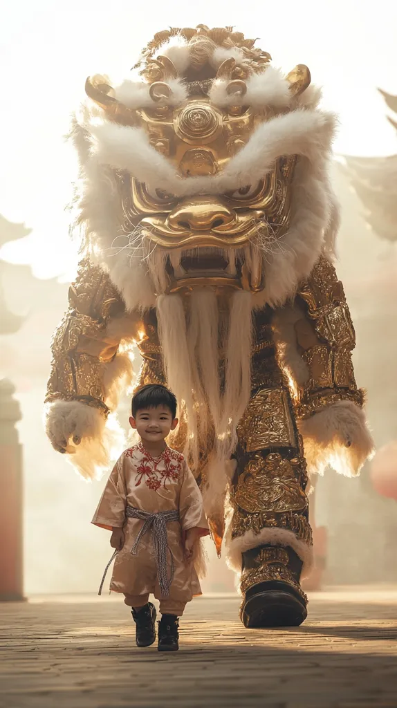 A young boy in traditional Asian clothing stands before a majestic golden lion dance costume. The lion, ornate and imposing, is predominantly gold with white fur accents.  The setting appears to be an outdoor space, possibly a temple courtyard, with a muted, sun-drenched ambiance. The boy's small stature contrasts sharply with the lion's grandeur, creating a visually striking image. The overall mood is serene and culturally rich.