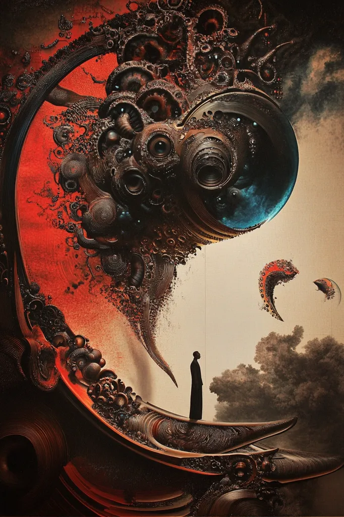 The artwork depicts a surreal, biomechanical landscape. A large, intricate structure, resembling a colossal organism or machine, dominates the foreground, its surface a complex network of swirling, metallic forms in shades of dark brown, red, and hints of blue.  This structure curves into a crescent shape, atop which a lone, silhouetted figure stands, seemingly small and insignificant against the colossal scale of the artwork. Smaller, similar structures float in the background against a muted beige sky, creating an atmosphere of wonder and mystery. The overall style blends organic and mechanical elements, suggesting a post-apocalyptic or futuristic setting.