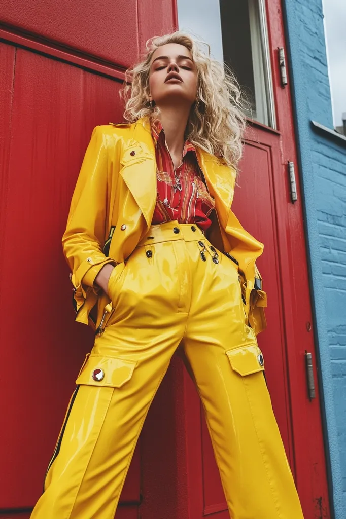 A blonde woman with wavy hair poses against a red door and a blue wall. She wears a vibrant yellow vinyl outfit: a belted jacket and wide-legged cargo pants.  The glossy yellow contrasts sharply with the bold red background, creating a striking visual effect.  Her red and orange striped shirt peeks out from beneath the jacket. She has a slightly closed-eyed, serene expression. The overall style is bold and fashionable, reminiscent of 1980s or 90s fashion trends.