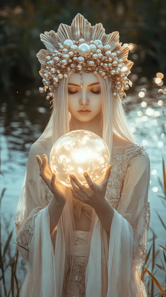 A ethereal woman with long, white hair wears a crown of seashells and pearls. She's dressed in a flowing, light beige gown adorned with delicate embroidery.  Her serene expression is focused on a glowing orb she holds gently in her hands. The background suggests a tranquil, natural setting, perhaps near a body of water, enhancing the mystical atmosphere of the image. The overall aesthetic is dreamy and otherworldly.