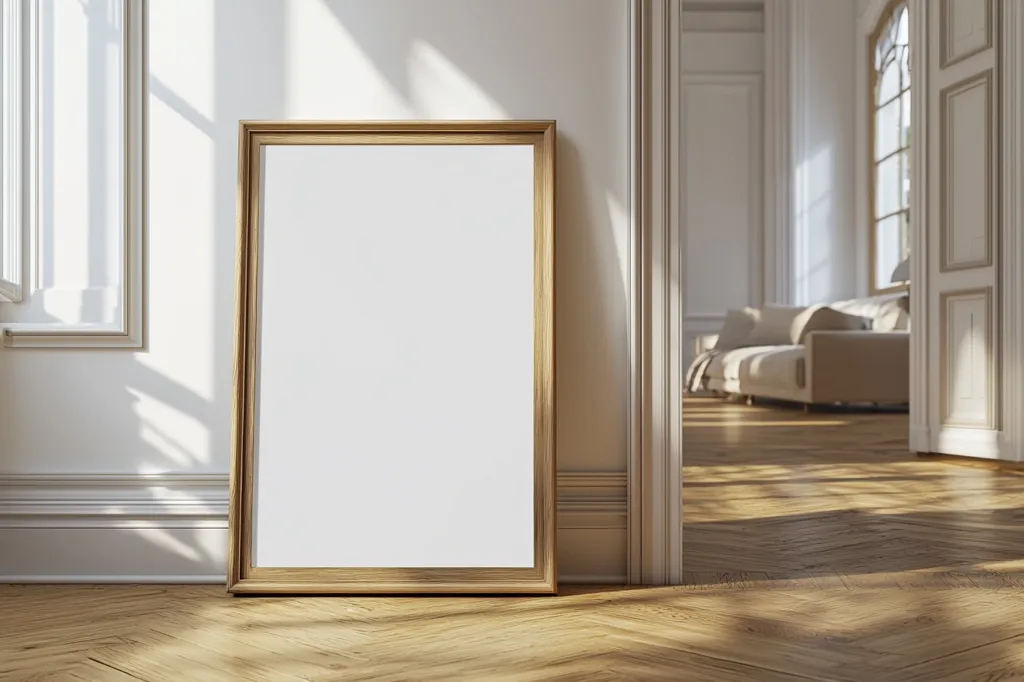 Here's a description of the image:

A large, light-colored wooden frame stands against a white wall in a sun-drenched room.  The frame is empty, showcasing a blank canvas.  The room is elegantly styled, with hardwood floors in a herringbone pattern and glimpses of a beige sofa and classic architectural details, including tall windows and ornate moldings, visible through an open doorway.  Sunlight streams into the room, casting shadows across the floor and walls, creating a warm and inviting atmosphere. The overall aesthetic is one of modern elegance within a traditional setting.