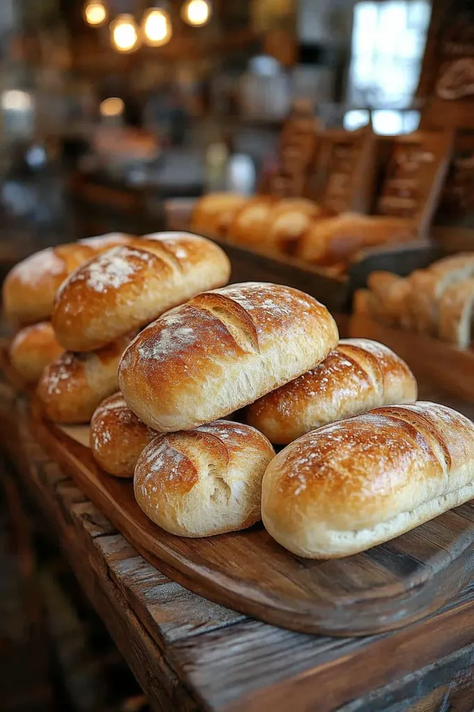A rustic wooden board displays a stack of golden-brown artisan bread loaves.  The loaves, possibly sourdough or similar, are slightly dusted with flour and have a crusty exterior. They are arranged artfully, showcasing their texture and appealing to the senses.  The background is blurred but suggests a bakery setting with other bread and a rustic, warm ambiance.  The overall image evokes feelings of warmth, freshness, and delicious homemade bread.