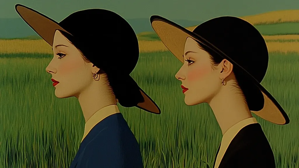 Here is a description of the image:

The artwork presents a stylized, almost graphic depiction of two women in profile, positioned side-by-side against a backdrop of a verdant, grassy field. Both women are elegantly dressed, wearing wide-brimmed hats, one with a darker crown and a lighter brim, and the other vice-versa, which adds subtle contrast. Their attire consists of what appears to be dark suits or dresses with lighter-colored, possibly cream-colored collars.  They exhibit a similar facial structure and feature simple, yet refined, gold hoop earrings. The overall aesthetic is reminiscent of mid-century modern illustration or fine art, with smooth lines and a muted, harmonious color palette. The style suggests a sense of quiet contemplation or shared experience.