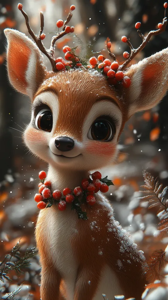 Here is a description of the image:

Close-up view of a digitally rendered fawn, appearing young and incredibly cute. Its large, expressive eyes and soft fur are prominent features.  The fawn is adorned with sprigs of holly berries, forming a crown on its antlers and a necklace around its neck.  Light snow dusts its fur, and the background suggests a winter woodland scene with blurred trees and falling snow.  The overall style is whimsical and evokes a sense of holiday cheer.