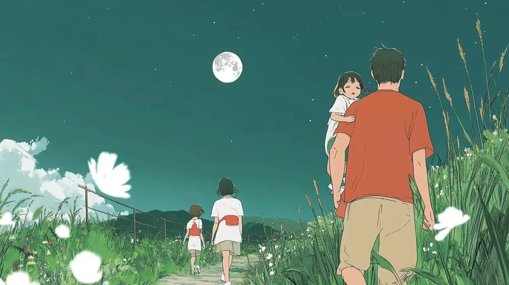 A serene illustration depicts a family walking along a path at night.  A father carries a young daughter on his shoulders, while two other children walk ahead.  Tall grass borders the path, illuminated by a large, bright moon and scattered stars in a teal sky.  White flowers dot the landscape, adding to the peaceful, whimsical atmosphere. The style is reminiscent of Japanese animation, with soft lines and muted colors.  The scene evokes a feeling of tranquility and familial bonding.
