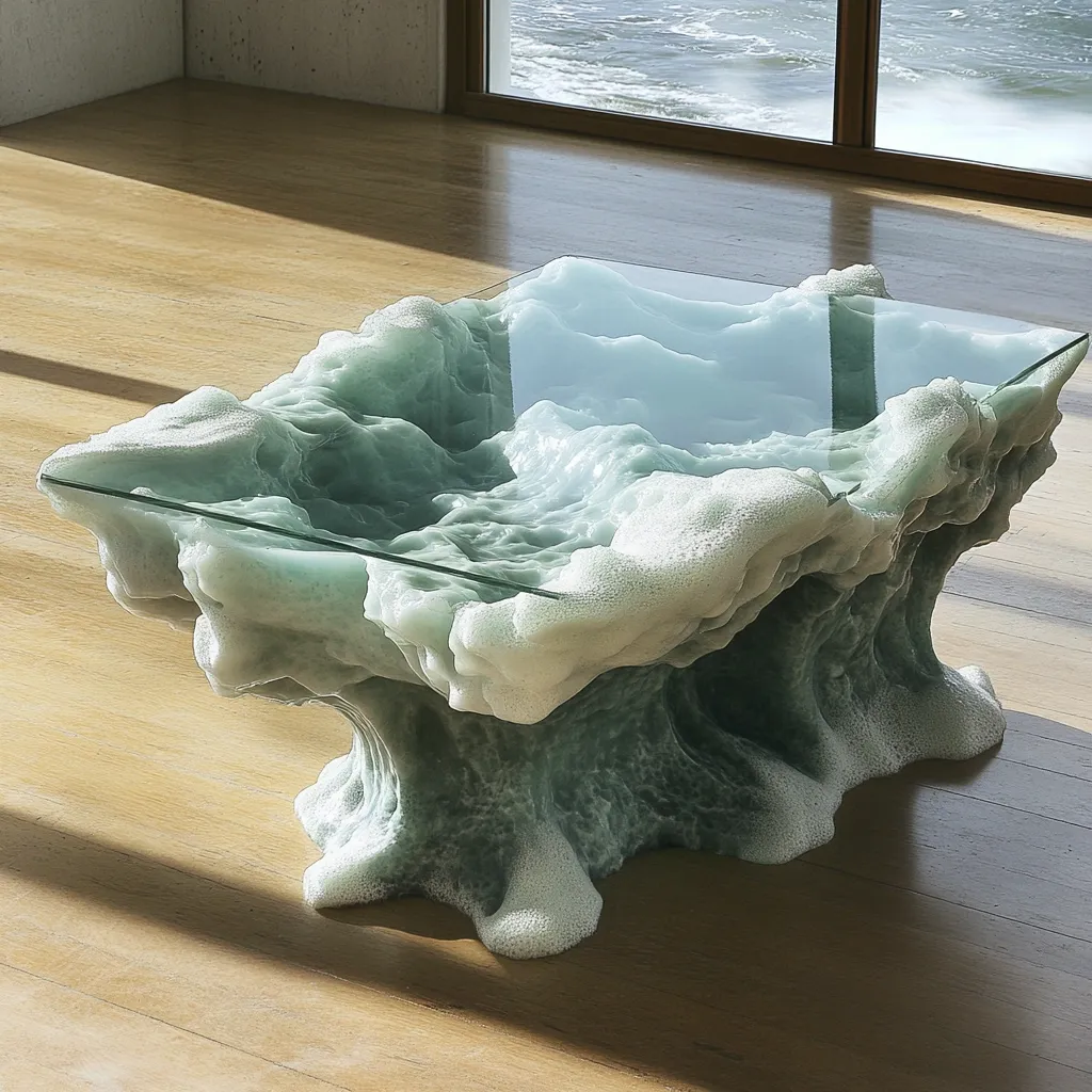 Here's a description of the image:

The photograph showcases a unique coffee table, its design mimicking an ocean wave frozen in time.  The table's base is sculpted to resemble churning water, complete with textured foam-like details, rendered in shades of teal and white.  A clear glass top sits atop this sculpted base, providing a smooth contrast to the dynamic form below. The table is situated on a light-colored wooden floor, near a large window offering a view of a calm ocean, creating a harmonious indoor-outdoor aesthetic. The overall effect is one of artistic sophistication and natural beauty.