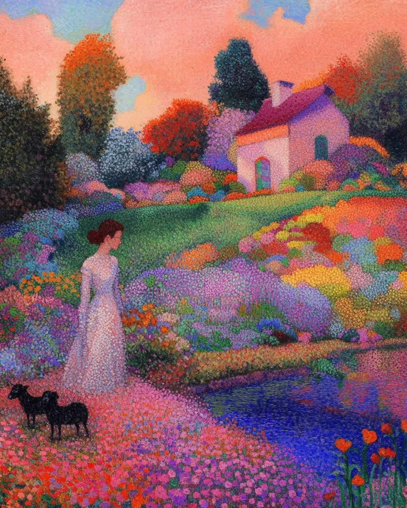 A pointillist-style painting depicts a serene landscape. A woman in a white dress stands near two small black sheep in a vibrant, colorful garden.  A small white cottage sits on a hill overlooking the blooming flowers, which extend to a calm, dark blue stream.  The sky is a soft peach, enhancing the overall dreamy and idyllic atmosphere. The artist's use of color and texture creates a richly textured, almost shimmering effect.