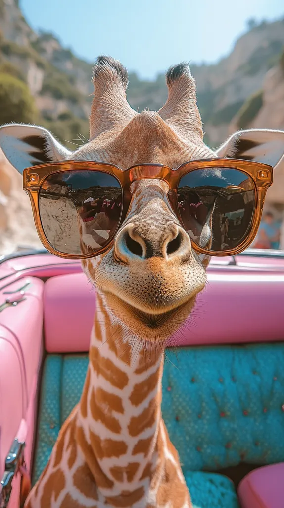 Here's a description of the image:

Close-up view of a young giraffe wearing large, brown, square-shaped sunglasses. The giraffe is positioned in the front seat of a pink convertible car, its head and neck filling most of the frame.  The giraffe appears happy, with a slight smile.  The background is blurred but shows a sunny, mountainous landscape. The turquoise upholstery of the car seat contrasts with the pink exterior. The overall tone is playful and humorous.