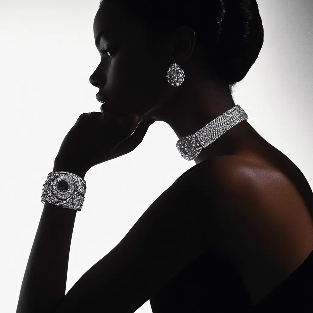 Here's a description of the image:

The image is a striking silhouette of a dark-skinned woman, her profile presented against a bright background.  She's wearing a substantial amount of sparkling jewelry: a wide, jeweled choker necklace, dangling earrings, and a wide bracelet, all featuring a similar pattern of clustered gemstones.  Her hand rests gently on her chin, her gaze directed thoughtfully to the side. The overall effect is one of elegance and sophistication, highlighting the jewelry's brilliance against the stark contrast of the silhouette.