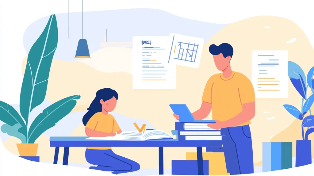 A father helps his daughter with her homework.  They are seated at a desk in a bright, minimalist room with plants and hanging lamps. The daughter is engrossed in a book, while the father holds a tablet and stacks papers nearby.  Documents and a schedule are visible on the wall, suggesting organization and planning. The illustration conveys a supportive and focused learning environment.