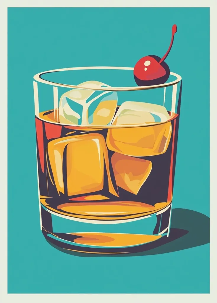 Here's a description of the image:

The illustration showcases a rocks glass filled with amber liquid, several ice cubes, and garnished with a single red cherry. The style is reminiscent of mid-century modern advertising art, with bold, graphic lines and flattened perspective. The color palette is vibrant, featuring a teal background that contrasts with the warm tones of the drink and the cherry's redness. The glass itself is rendered with a glossy sheen, adding depth and realism to the stylized image. The overall impression is one of simple sophistication, suggestive of a classic cocktail.