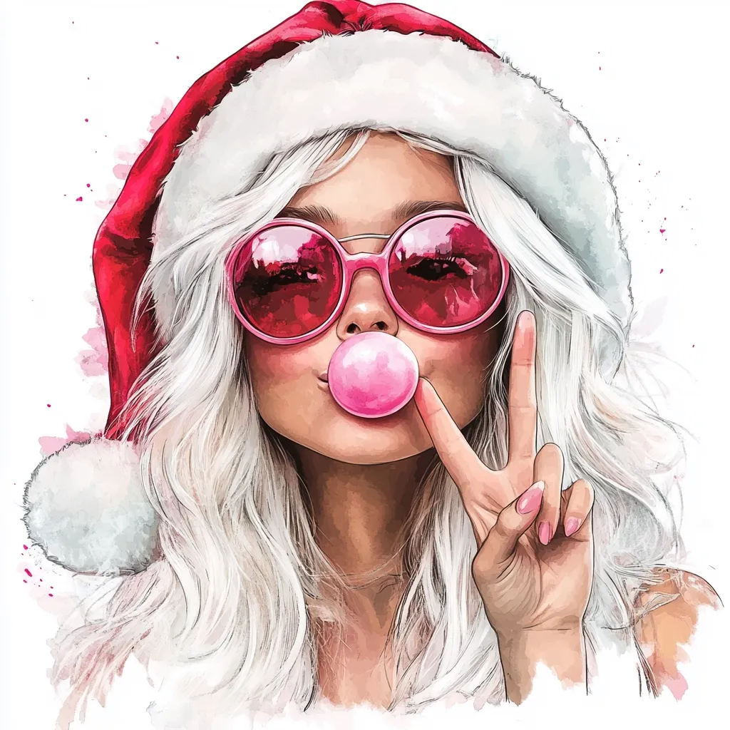 Here's a description of the image:

A stylized watercolor portrait depicts a young woman with long, platinum blonde hair, wearing a Santa hat and large, round, pink sunglasses.  She blows a large pink bubble of gum while simultaneously giving a peace sign with her right hand. The style is fashionable and playful, with a soft, slightly diffused watercolor effect creating a dreamy atmosphere.  The overall impression is one of festive cheer and youthful exuberance.